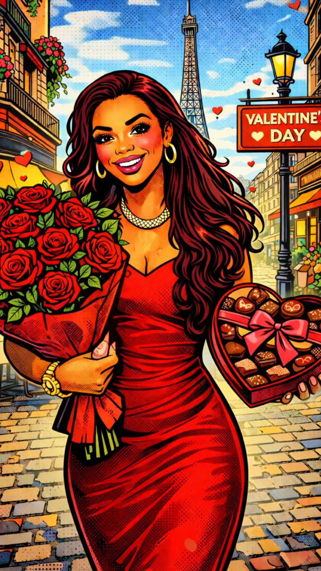 Paris Valentine Pop Art. Red Dress Romance. Digital Artwork